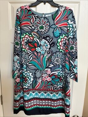 crown & ivy Multicolor Floral Shift Dress in Teal, Red & Gray